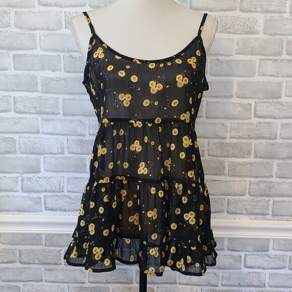 Wet Seal Black Chiffon Sunflower Print Ruffle Babydoll Tank Top Small Sheer - Picture 9 of 9
